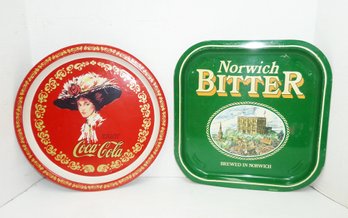 2 Metal Drink Trays, Coca Cola & Norwich Bitter