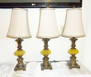 3 Matching Amber Glass Table Lamps