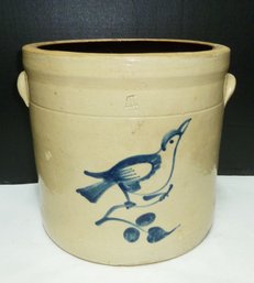 Antique 4 Gallon Crock, Blue Glazed Bird