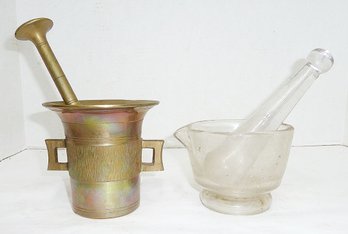 Vintage Brass And Glass Mortar Pestles