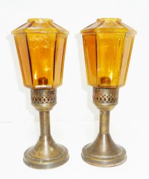 Amber Glass, Brass Candle Lamps PAIR