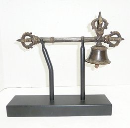 Unusual Bronze Metal Bell On Stand