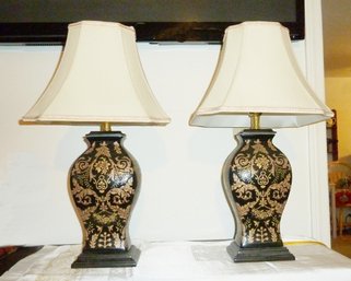 PAIR Black & Gold Decorated Table Lamps
