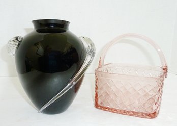 Vintage Black Amethyst Art Glass Vase, Pink Glass Basket