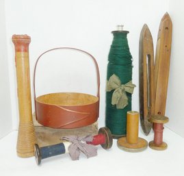 Primitive Style Wooden Ware, Bobbins, Shaker Like Basket