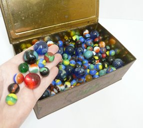 Large Tin Full Of Vintage Marbles