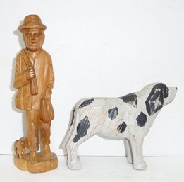 Vintage Carved 2 Wood Figures, Dog, Man