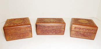 3 Carved Wood Trinket Boxes Brass Inlay