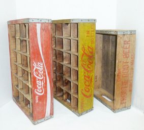 3 Vintage Wooden Soda Crates, COKE, ROOT BEER