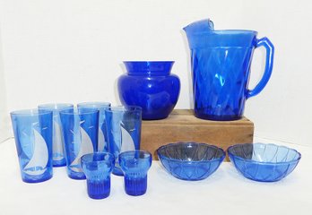 Vintage Cobalt Blue Glassware LOT, Sailboat Tumblers