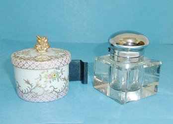 Porcelain Stamp Box, Vint. Glass Inkwell