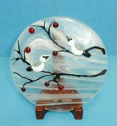 Art Glass Disc On Wooden Display Stand