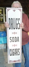 44' Antiq ENGRAVED Milk Glass SIGN Drugs, Soda, Cigars