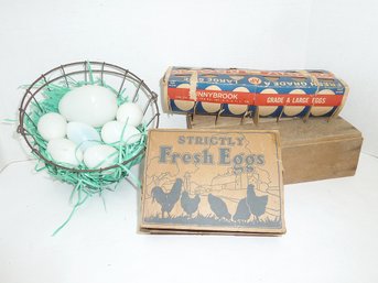 Vintage Egg Basket, Milk Glass Eggs, Egg Cartons