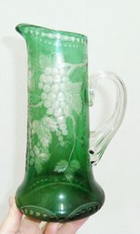 Antique Green Glass Pitcher, Grapes