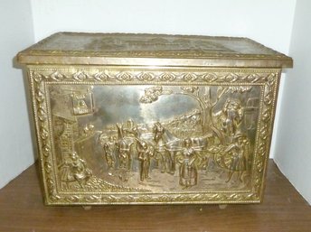 Brass Decorated Fireplace Box, Kindling Wood