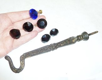Antique Iron Wall Hook, Colored Glass Knobs