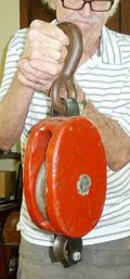 HUGE 21' Vint. Red Painted Wood Pulley