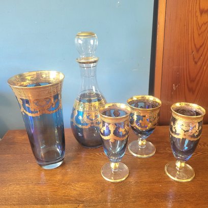 Venetian J Preziosi Blue And Gold Glass Decanter, Vase And Glasses From Italy(Dining Room)