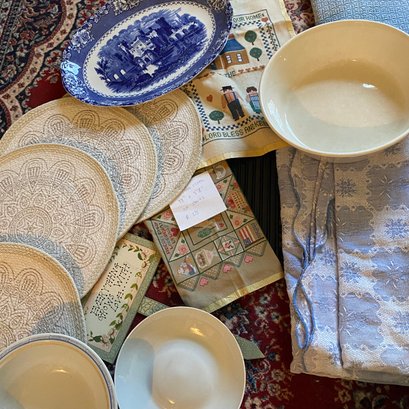 Mixed Lot Of Tablecloths, Blue & White Ceramic Bowl & Dish (some Chips As Shown), Round Placemats (BR)