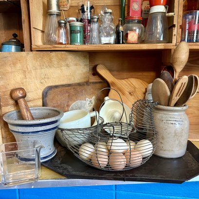 Farmhouse Vintage Kitchen Lot: Wire Chicken Egg Basket, Stoneware Crock With Utensils, Wooden Cutting Boards,
