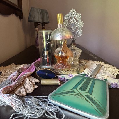 Vintage Art Deco Hand Mirror, Vintage Perfume Bottles, Gold Mirror Tray, & More (bed1)