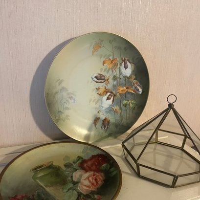 Vintage Green Floral R&S China Plate, Painted Metal Plate, Brass Toned Geometric Glass (UpDR)
