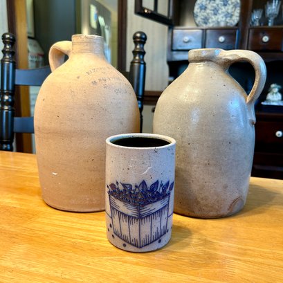 Vintage Pottery Trio: Pair Of Rustic Stoneware Jugs & Salmon Falls Cylinder Vase (DR)