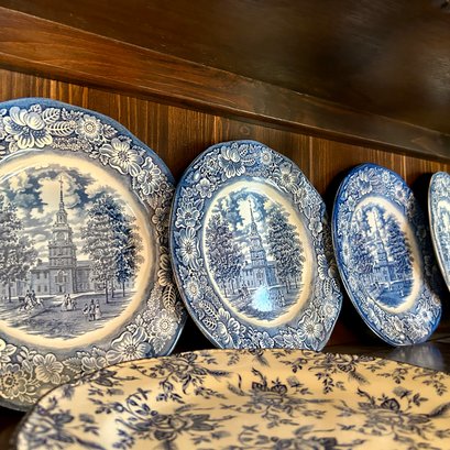 4 Vintage Liberty Blue STAFFORDSHIRE IRONSTONE Plates Plus 2 WOOD & SONS Colonial Blue Plates (DR)