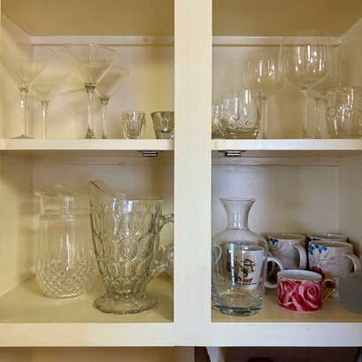 Cabinet Lot! Glass Pitchers, Stemware, Vases, Mugs, Platter, Etc (DR)