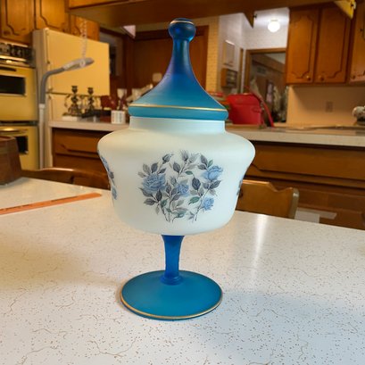 Mid-Century Blue And White Floral Satin Glass Candy Dish (Kitchen)