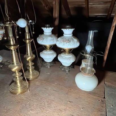 Pair Of Vintage Brass Lamps And Assorted Hurricane Lamps (attic)