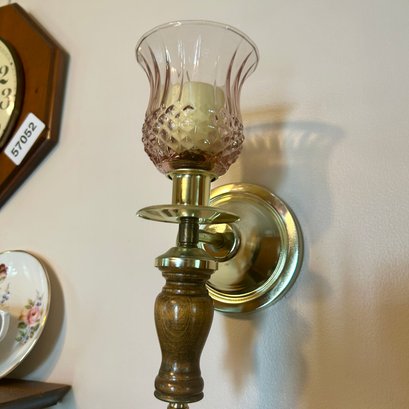 Pair Of Vintage Brass And Wood Candle Wall Sconces (kitchen)