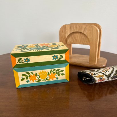 Vintage Tin Recipe Box, Wooden Napkin Holder, Cross Stitch Eyeglasses Case (porch)