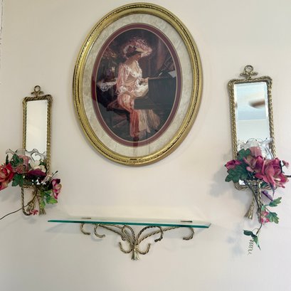 Four Vintage Wall Mount Pieces: Metal And Glass Ledge Shelf, Pair Of Mirrors With Votives, Oval Art (MB)