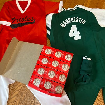 Box Of Unused Baseballs And Two Baseball Uniforms (DR)