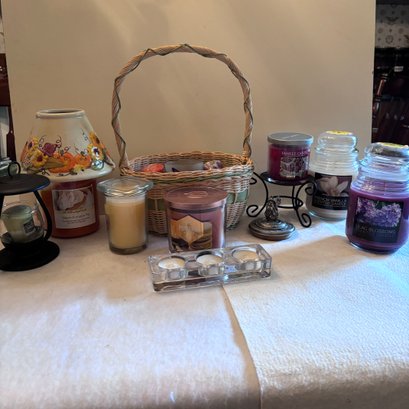 Lovely Assorment Of Candles, Holders, Stands, Etc With Basket  (DR)