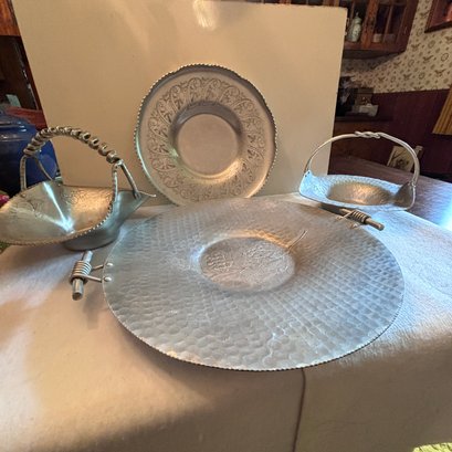 4 Lovely Pieces Of Pewter Style Serving Plates, Baskets  (DR)