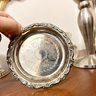 Vintage Weighted Silver Low Candlestick Holder, 4 Vintage Silverplate & Glass Coasters, & More (closet)