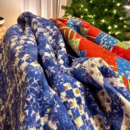 Pair Of Hamdmade Christmas Quilted Blankets