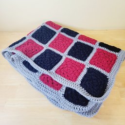 Hand Knitted Afghan In Black, Red And Grey
