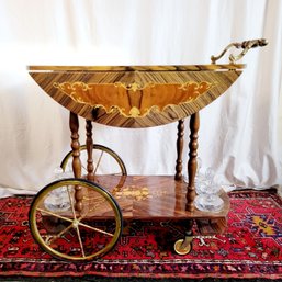 Italian Marquetry Lacquered Drop Leaf Walnut And Brass Bar Cart With 6 Glass Bottles