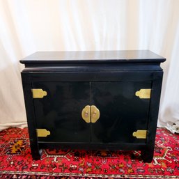 Asian Inspired Black Laquered Buffet/cabinet With Brass Accents