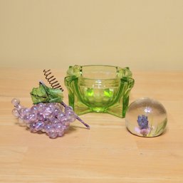 Hand Blown Glass Grapes, Paperweight And Green Ashtray