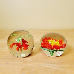 Set Of 2 Floral Hand Blown Glass Paperweights *Read Description
