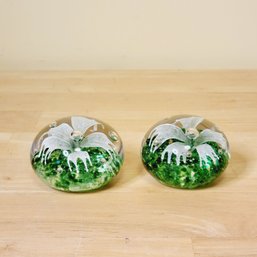 Set Of 2 Hand Blown Glass Paperweights. Green And White