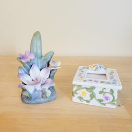 Porcelain Trinket Box And Ceramic Flower