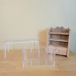 Wooden Shelf, Plastic Silverware Sorter And Rack