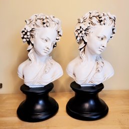 Set Of 2 Young Woman Busts On Pedestal