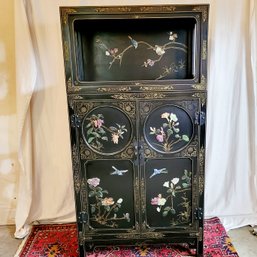 2 Piece Chinese Black Lacquerware Cabinet With Inlay Agate & Painted Motifs Of Birds & Flowers-  Top Moves!